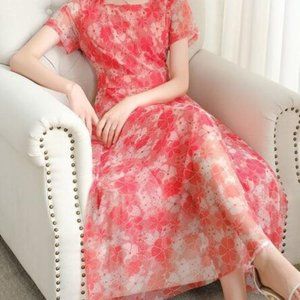 Waist short-sleeved round collar show thin breathable big skirt woman